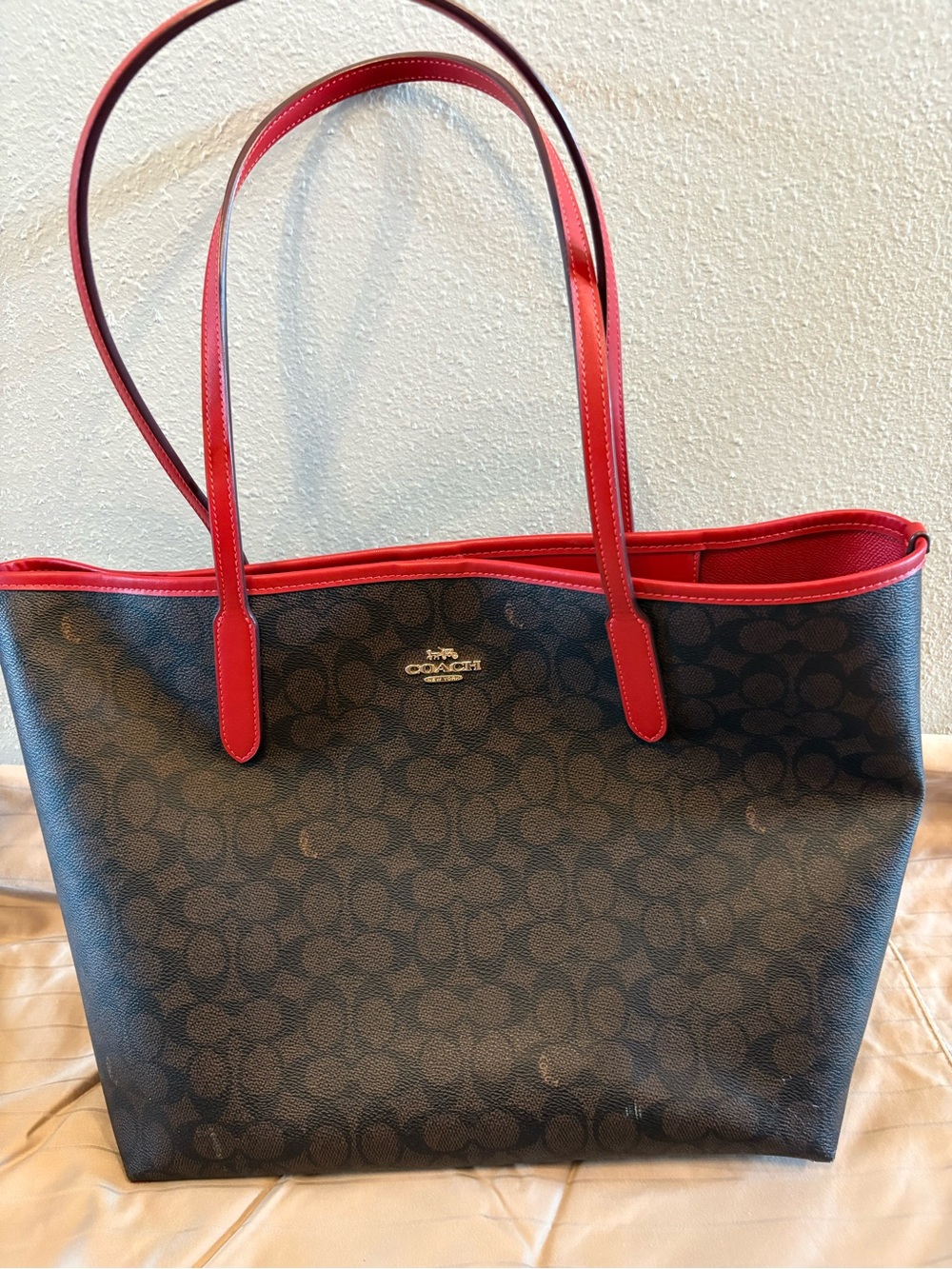 Coach City Signature Brown Tote with Red Trim
